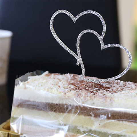 Nuevo Topper de la torta de cristal romántico de diamantes de imitación de plata doble corazón pastel Topper boda decoración de Año Nuevo ► Foto 1/6