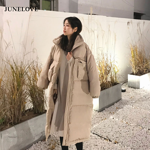 JuneLove-abrigo largo de talla grande por encima de la rodilla para mujer, Chaqueta de algodón con relleno Vintage, Parkas informales coreanas, prendas de vestir gruesas para mujer ► Foto 1/6