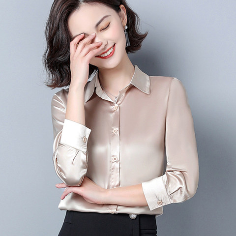 Blusa de manga larga de seda para oficina, Camisa lisa de satén para mujer, color blanco, 3XL ► Foto 1/6