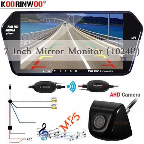Koorinwoo-Monitor de espejo retrovisor inalámbrico AHD, 7 pulgadas, TFT, LCD, entrada de Viedo, AV1/2, reproductor MP5, vista trasera de coche, cámara de marcha atrás ► Foto 1/6