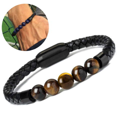 Pulsera en cuero para hombre, cuentas de piedra de Chakra de Lava, brazaletes negros de acero inoxidable, joyería Punk, novedad de 2022 ► Foto 1/6