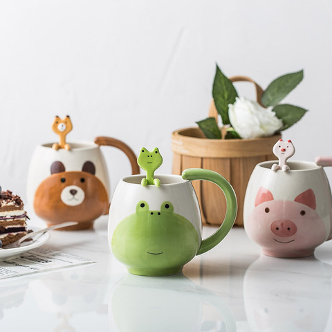 Taza de café pintada a mano, taza de té de cerámica con Panda/Rana/gato/cerdo, incluye cuchara de té, LW0321603 ► Foto 1/5