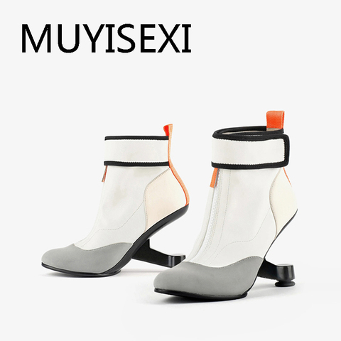 Botines clásicos modernos para mujer, calzado de tacón alto y extraño de 8cm con cremallera frontal y velcro, para uso diario, para citas, HL325 MUYISEXI ► Foto 1/6