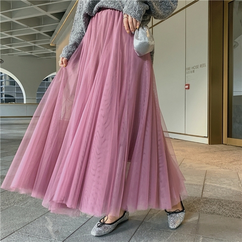 TingYiLi-falda de tul elegante para mujer, Falda larga de estilo coreano, Rosa, Verde, gris, azul, marrón y negro, para Otoño e Invierno ► Foto 1/6