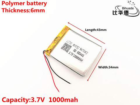 Litro de batería de energía 603443 3,7 V 1000mAH 583443 de polímero de iones de litio/Li-ion batería de juguete de autonomía, carga de dispositivos, corrección keystone automática, GPS mp3... mp4 ► Foto 1/1