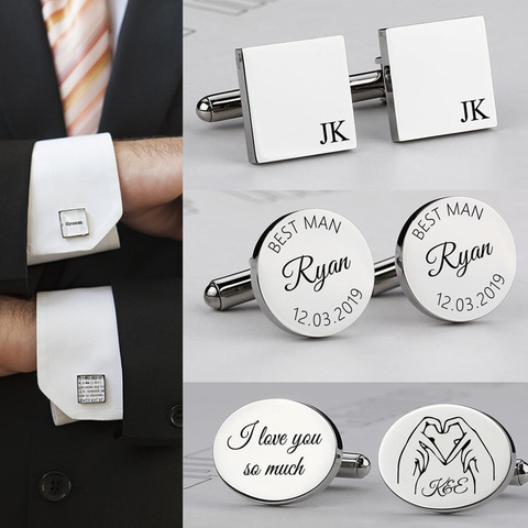 Gemelos personalizados de acero inoxidable para hombre, con botones de puños de camisa, regalos de boda ► Foto 1/6