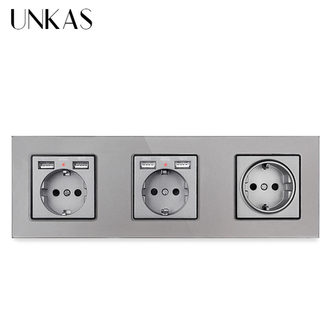 UNKAS-enchufe gris estándar de la UE, 3 entradas, con 4 puertos de carga USB, indicador LED suave oculto, salida de Panel de vidrio templado ► Foto 1/6
