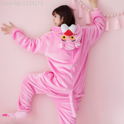 Kigurumi-Pijama de franela con capucha para mujer, ropa de dormir de una sola pieza con estampado de Pantera Rosa y manga larga, para adultos ► Foto 1/5