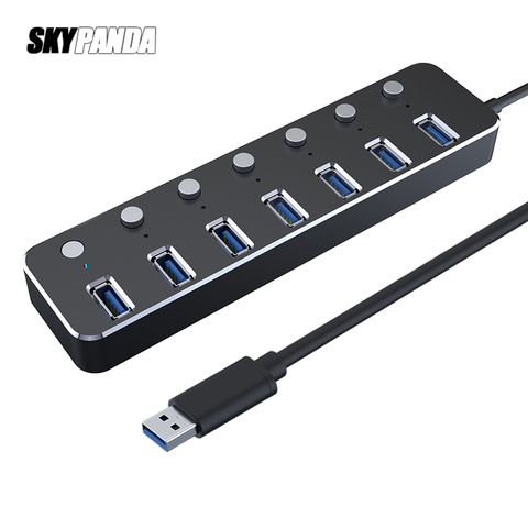 Aluminio 7 puertos USB 3,0 Hub 60/120cm Cable interruptor de subcontrol 5Gbps LED indicador HUB recargable divisor para dispositivos Multi USB ► Foto 1/6