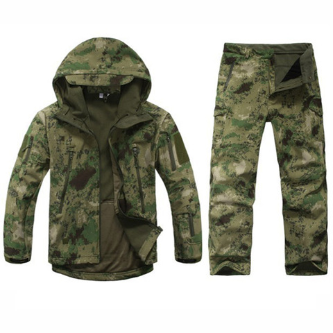 Camuflaje caza ropa táctica Softshell poco trajes hombres impermeable a prueba de viento deporte al aire libre chaqueta de Camping de senderismo + Pantalones ► Foto 1/6