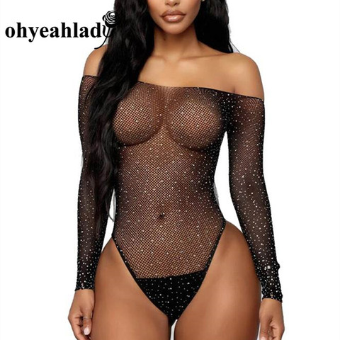 Ohyeahlady-Body Sexy de manga larga para mujer, bodys de rejilla con hombros descubiertos, transparente, estrás brillante, RJ80877 ► Foto 1/1