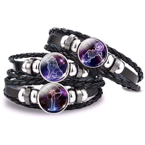 Pulsera de cuero con cúpula de cristal y signos del zodiaco, joyería para parejas, brazalete de Aries, Tauro, Leo, cáncer, acuario, piscis ► Foto 1/4