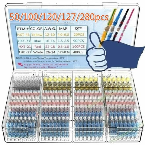 Conectores de cable eléctrico, tubo de envoltura aislado de soldadura, Terminal de sordor termorretráctil, conectores a tope impermeables, 120/127/280 Uds. ► Foto 1/6