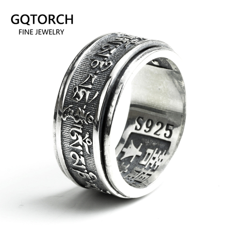 Anillos Vintage de Plata de Ley 925 auténtica para hombre, anillos de mantras Om Mani Padme Hum, joyería budista giratoria tibetana de seis palabras ► Foto 1/6