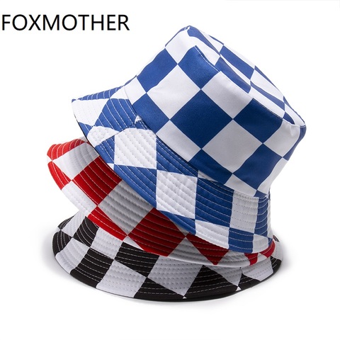 FOXMOTHER-sombreros de cubo a cuadros para hombre, gorras de pescador a cuadros, color negro, rojo y azul, Hip Hop, Panamá ► Foto 1/6