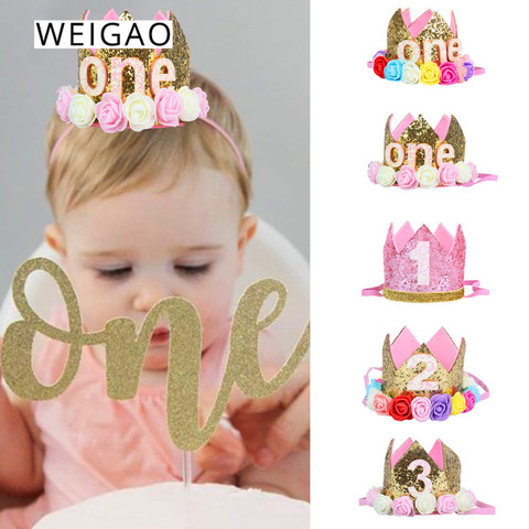 WEIGAO-gorros de fiesta de cumpleaños de 1/2/3, sombrero de decoración, corona de princesa, diadema de cumpleaños de bebé, decoración de 1 °, 2 ° y 3 ° año ► Foto 1/6