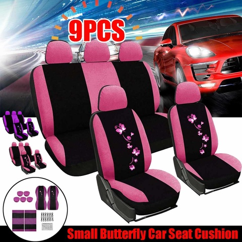 Juego de 9 unids/set de cubiertas universales para asiento de coche, cubiertas de asiento con bordado de mariposas, accesorios de Interior de coche para mujer, color rosa ► Foto 1/6