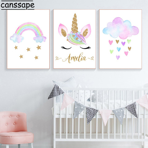 Cuadro de estilo nórdico con estampado de arco iris para decoración de habitación de bebé, dibujo de nube, unicornio, lienzo, póster con nombre personalizado, decoración para dormitorio infantil ► Foto 1/6