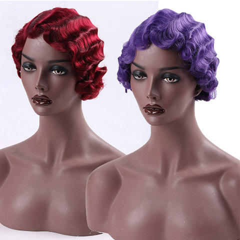 AOSIWIG corto rizado negro lindo peluca negro ondas de dedo Afro africano pelucas sintéticas para mujeres negras resistente al calor ► Foto 1/6
