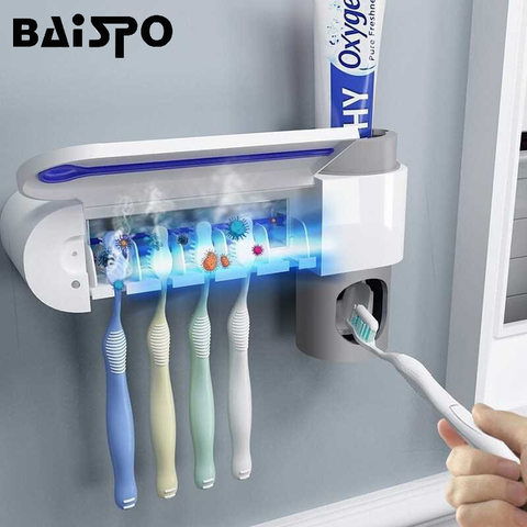 2 en 1 UV luz ultravioleta cepillo de dientes esterilizador cepillo de dientes soporte automático exprimidor de pasta de dientes juego de baño para el hogar ► Foto 1/6