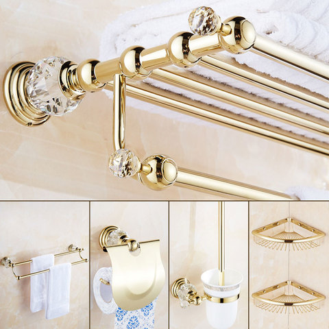 Conjunto de accesorios de baño de lujo de plata y cristal, dorado pulido, juego de accesorios de baño de latón montado en la pared, productos de baño, cesta Rack3 ► Foto 1/6