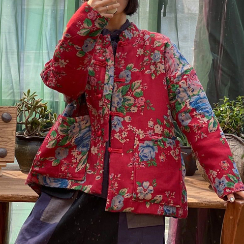 Johnature mujeres cálido algodón estampado de flores Parkas o-cuello de manga larga trajes de invierno de 2022 nuevo holgado Retro mujeres Vintage Parkas ► Foto 1/6