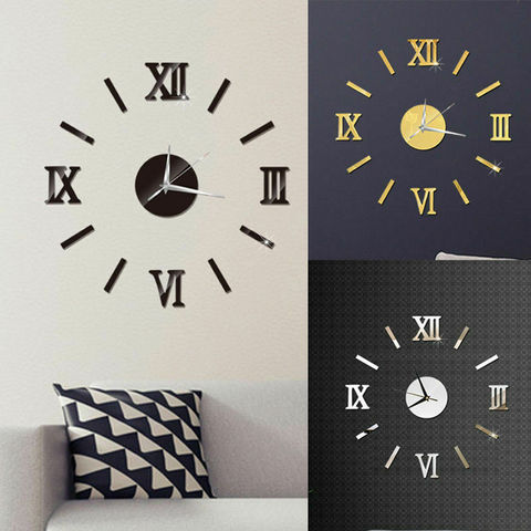 Reloj de pared grande moderno DIY, adhesivo para superficie de espejo 3D, decoración del hogar, reloj gigante de pared con números romanos, reloj grande ► Foto 1/6