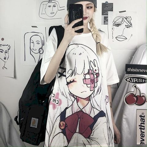 Camisetas con impresión de imagen de Chica de anime para mujer, camisetas de estilo coreano, camisetas de moda dulces para pareja preppy, ropa con cuello redondo ► Foto 1/6