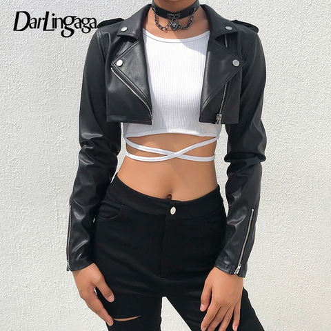 Darlingaga-Chaqueta de piel sintética de motociclista para mujer, chaqueta recortada con cremallera, para exteriores, básica de otoño ► Foto 1/6