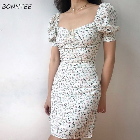 Vestido elegante sencillo de gasa con escote para mujer, ropa de cumpleaños, encantadora manga abombada, de cintura alta, modernas veraniegas, para vacaciones ► Foto 1/6