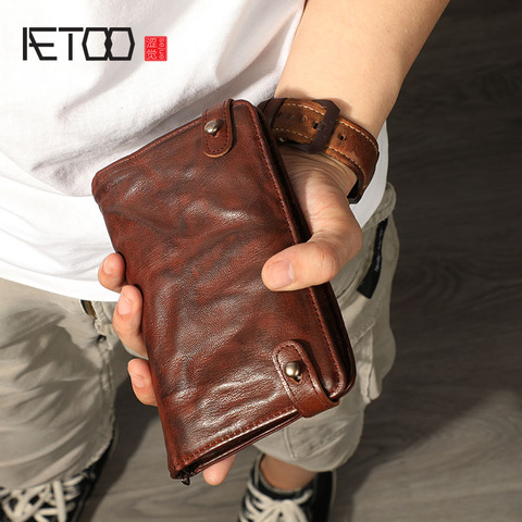 AETOO-monedero Vintage de piel de oveja para hombre, clip multitarjeta, bolso cruzado de cuero de gran capacidad ► Foto 1/6