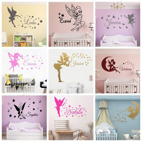 Pegatina de vinilo con nombre personalizado de hada para pared de vinilo con diseño de estrellas y ángel para habitación de niños y niñas, calcomanías de pared decorativas, papel tapiz para Mural ► Foto 1/6