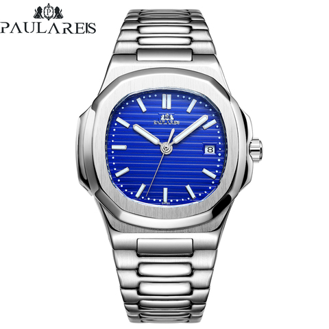 Reloj de negocios sencillo automático de acero inoxidable, luminoso, mecánico, con autoviento, Azul, Gris, café, negro y blanco ► Foto 1/6