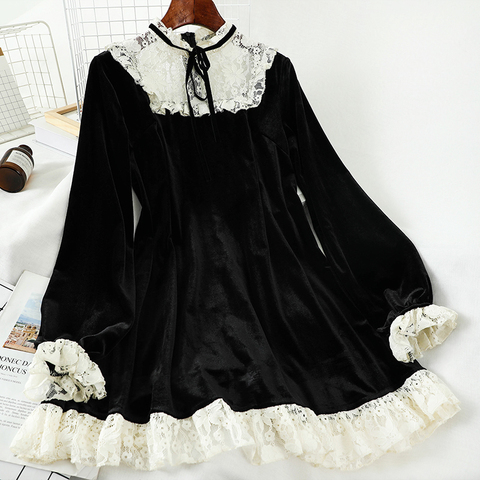 Vestido victoriano de cintura alta de manga larga para mujer negro terciopelo dorado con ajuste de encaje de cuello alto Vintage francés ► Foto 1/4