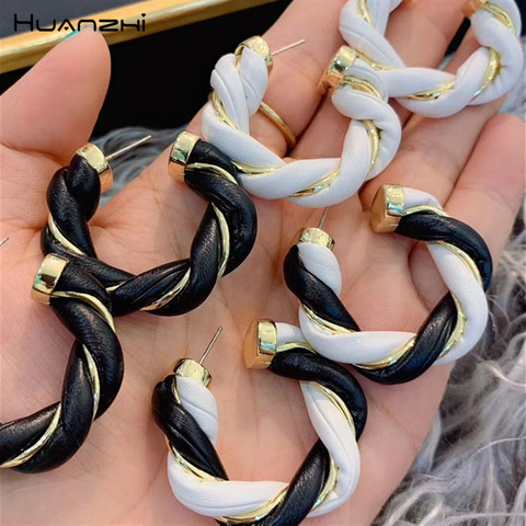 HUANZHI-pendientes de armadura trenzados de Metal para mujer y niña, aretes de aro de Circel geométrico, negro y blanco, joyería de fiesta, nuevas de cuero, 2022 ► Foto 1/6