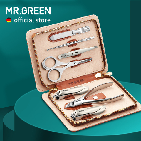 MR.GREEN-Juego de manicura profesional 7 en 1 con Funda de cuero, kit de herramientas para el cuidado de los pies y la cara, de acero inoxidable cortauñas, regalo ► Foto 1/6