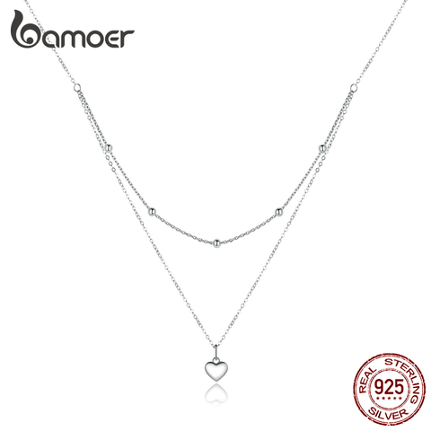 Bamoer genuino Plata de Ley 925 collar con colgante de corazón de plata de las mujeres de plata doble capas mujer collares joyería fina BSN168 ► Foto 1/6