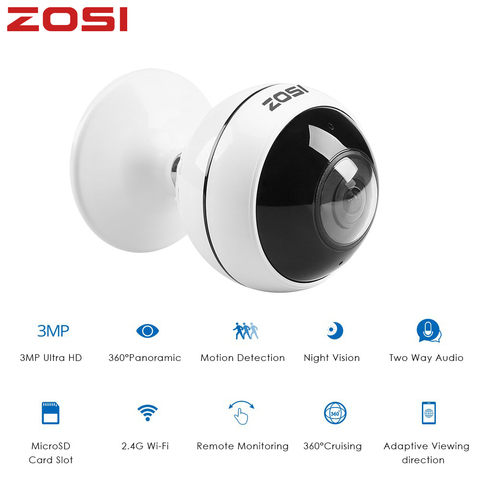 ZOSI-Cámara de seguridad IP de 3MP para interiores, videocámara inalámbrica y panorámica de 360 grados, con wifi, alarma de movimientos, audio bidireccional, visión nocturna IR y ranura para TF ► Foto 1/6