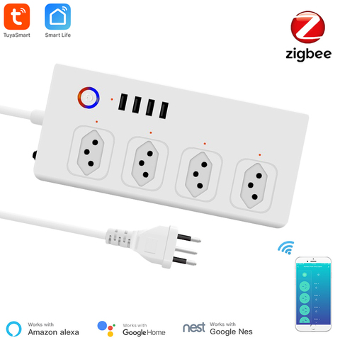 Regleta inteligente Zigbee de Brasil, toma de corriente Tuya Zigbee con 4 enchufes y 4 puertos USB, Control Individual, funciona con Alexa y Google Home ► Foto 1/6