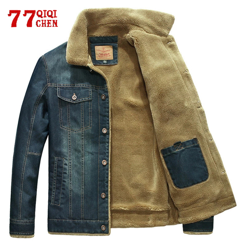 Chaquetas vaqueras para hombre, cazadora de vaquero cálida de lana, prendas de vestir exteriores para hombre, con cuello de piel multibolsillo, Cazadora Bomber de talla grande 6XL ► Foto 1/6