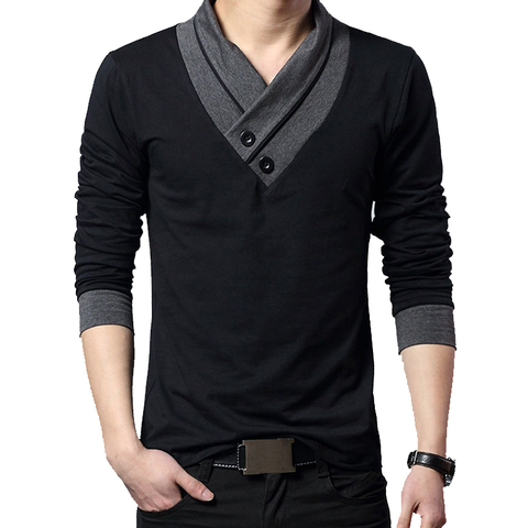2017 Tendencia de la Moda Marca Slim Fit de Manga Larga Camiseta de Los Hombres Patchwork Cuello Camiseta Con Cuello En V de Los Hombres T-Shirt de Algodón Camisetas Tallas grandes 4XL ► Foto 1/6