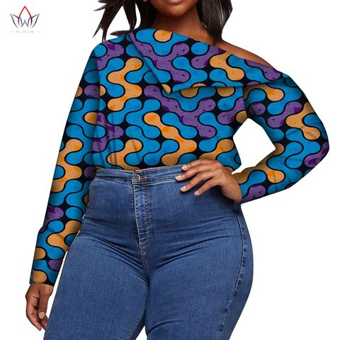 Camiseta de manga larga con hombros descubiertos para mujer, Tops informales de Camisa estampada africana para mujer, ropa de tela Batik Ankara Africana WY6069 ► Foto 1/6