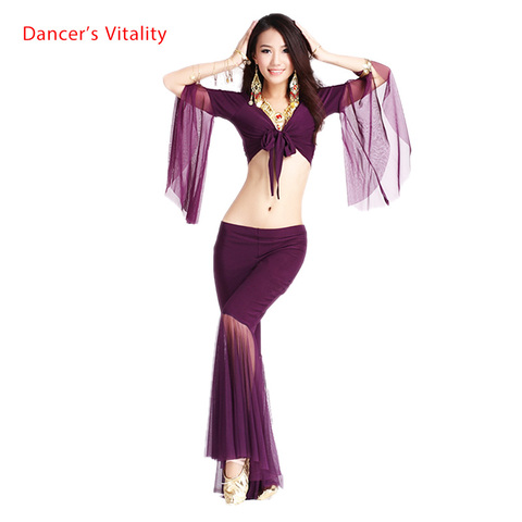 ¡Gran oferta! Conjunto de malla con mangas de altavoz para mujer, conjunto de danza del vientre, top y pantalones de cinco puntos, traje de danza del vientre, 12 colores, M y L, 2 uds. ► Foto 1/6