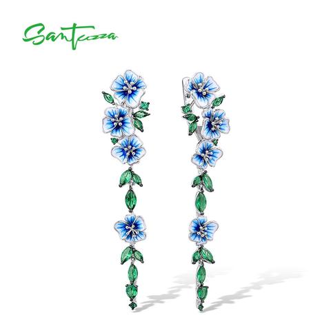 SANTUZZA pendientes de plata para mujer 925 plata esterlina pura azul delicado flores colgando серьги bien joyería de esmalte ► Foto 1/6
