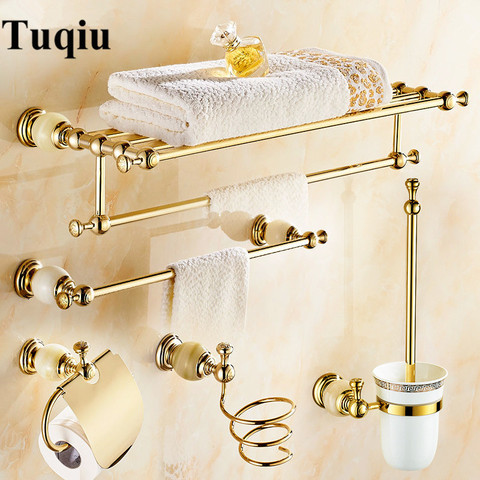 Set de accesorios de baño de esquina estante titular de papel de toalla Bar cesta de jabón toalla rack toalla anillo set de accesorios de baño de latón Jade ► Foto 1/6