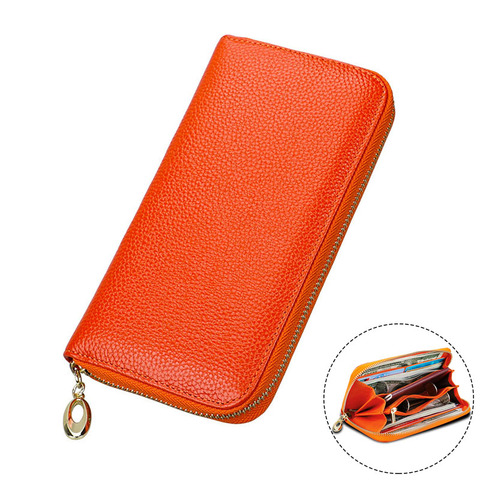 Billetera de cuero genuino para mujer, cartera femenina de piel auténtica, monedero naranja y rojo con cremallera, monedero largo de monedas RFID ► Foto 1/6