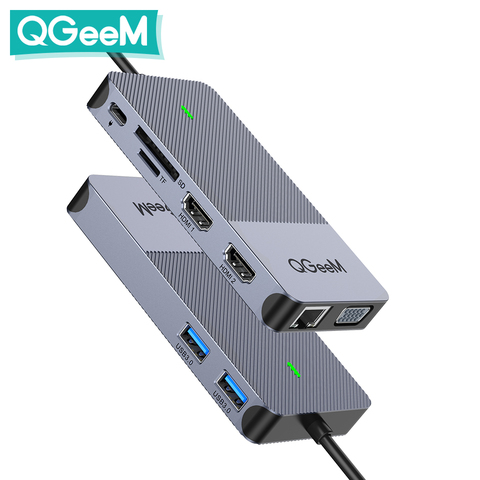 QGeeM-estación de acoplamiento USB Hub 3,0, adaptador divisor Dual HDMI VGA USB para Xiaomi, portátiles, USB C Hub, accesorios para PC ► Foto 1/6