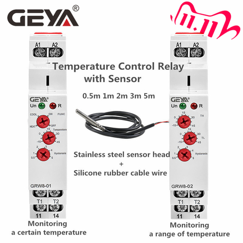 GEYA-relé de Control de temperatura GRW8-01/02 Din, 16A, CA/DC24-240V, con Sensor NTC impermeable, calefacción y refrigeración ► Foto 1/6