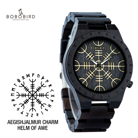 Relojes de madera hechos a mano BOBO BIRD hombre mujer círculo rúnico reloj con timón dorado de Awe or Vegvisir reloj de pulsera de cuarzo hombre ► Foto 1/6