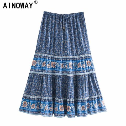 Falda de algodón rayón estilo bohemio para mujer, falda de cintura alta elástica con estampado floral, estilo Hippie Vintage ► Foto 1/6